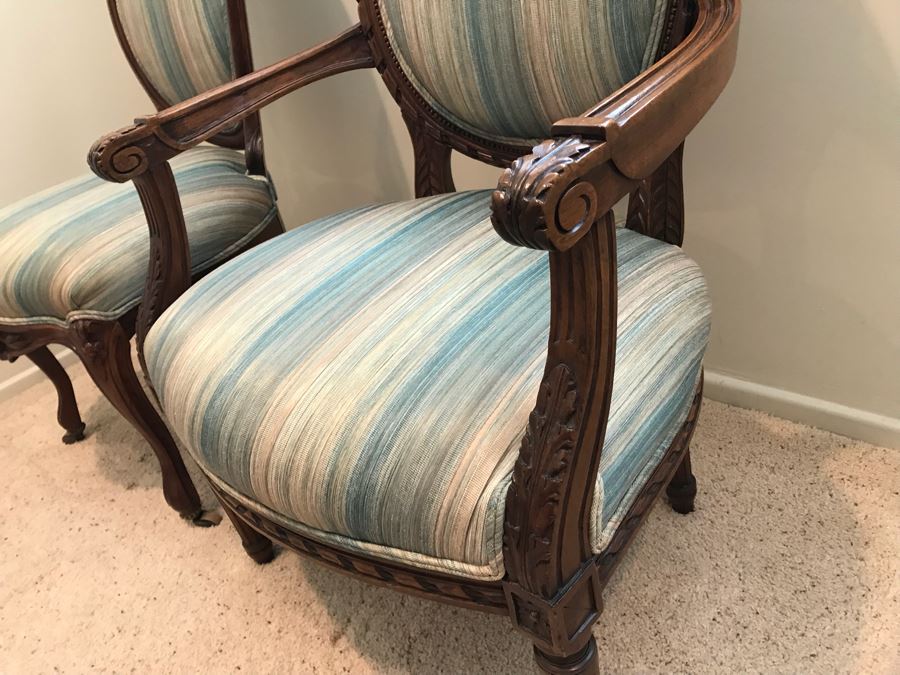 Pair Of Vintage Wooden Carved Newly Upholstered Side Chairs (One Is An Armchair) [Photo 11]