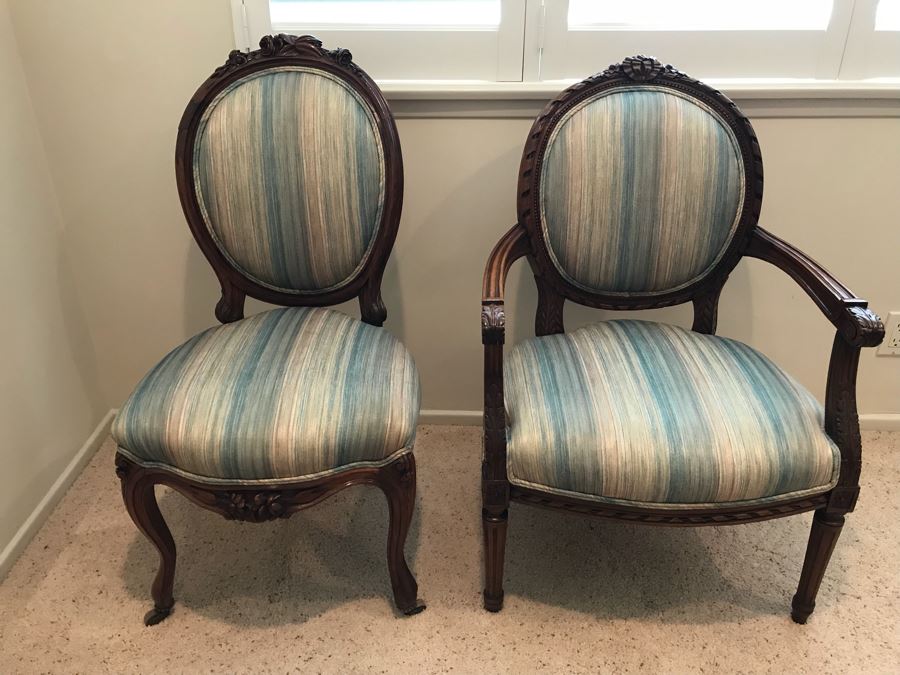 Pair Of Vintage Wooden Carved Newly Upholstered Side Chairs (One Is An Armchair) [Photo 6]