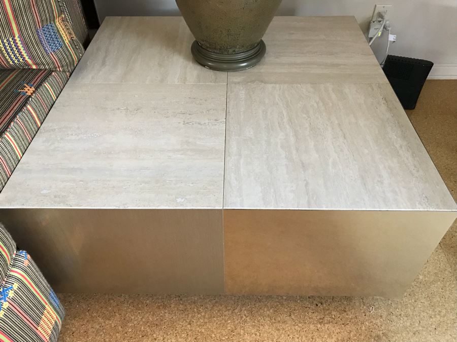 Modern Side Table With Metal Veneer Sides And Travertine Tile Top [Photo 7]