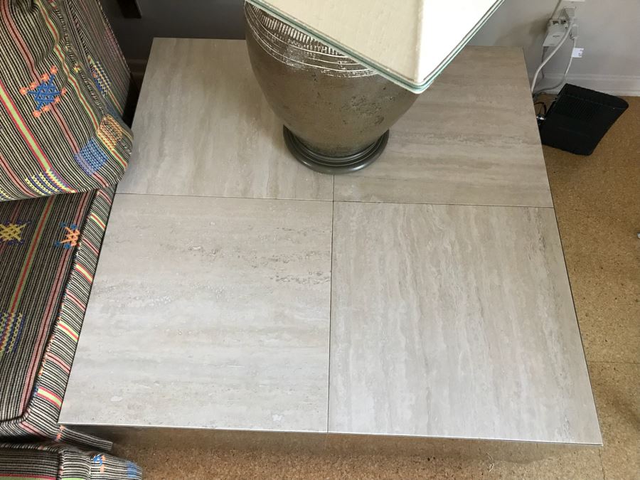 Modern Side Table With Metal Veneer Sides And Travertine Tile Top [Photo 6]