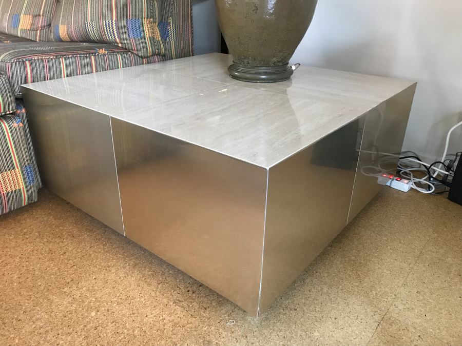 Modern Side Table With Metal Veneer Sides And Travertine Tile Top [Photo 3]