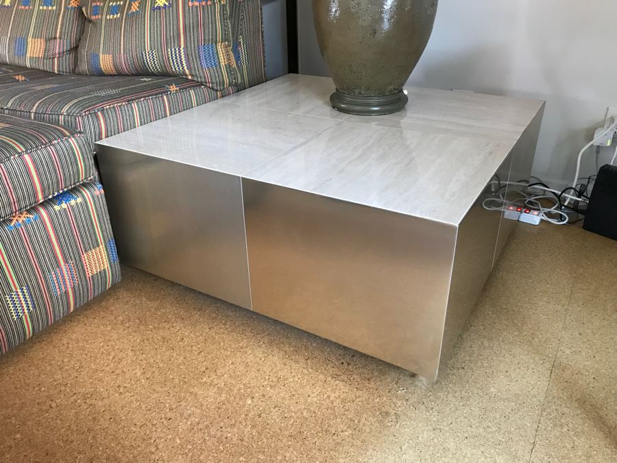 Modern Side Table With Metal Veneer Sides And Travertine Tile Top