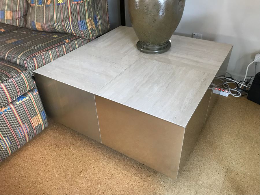 Modern Side Table With Metal Veneer Sides And Travertine Tile Top [Photo 2]