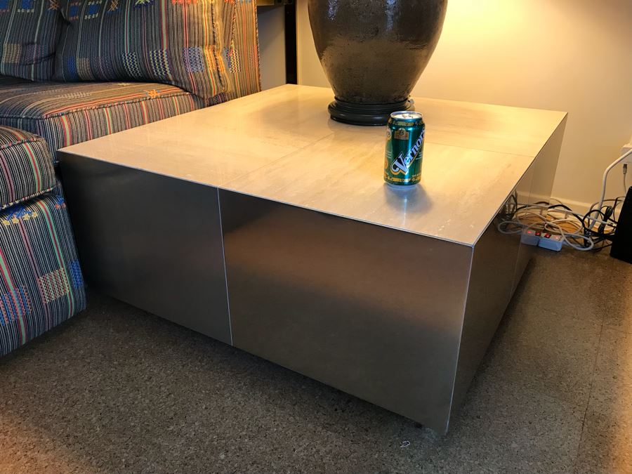 Modern Side Table With Metal Veneer Sides And Travertine Tile Top [Photo 8]