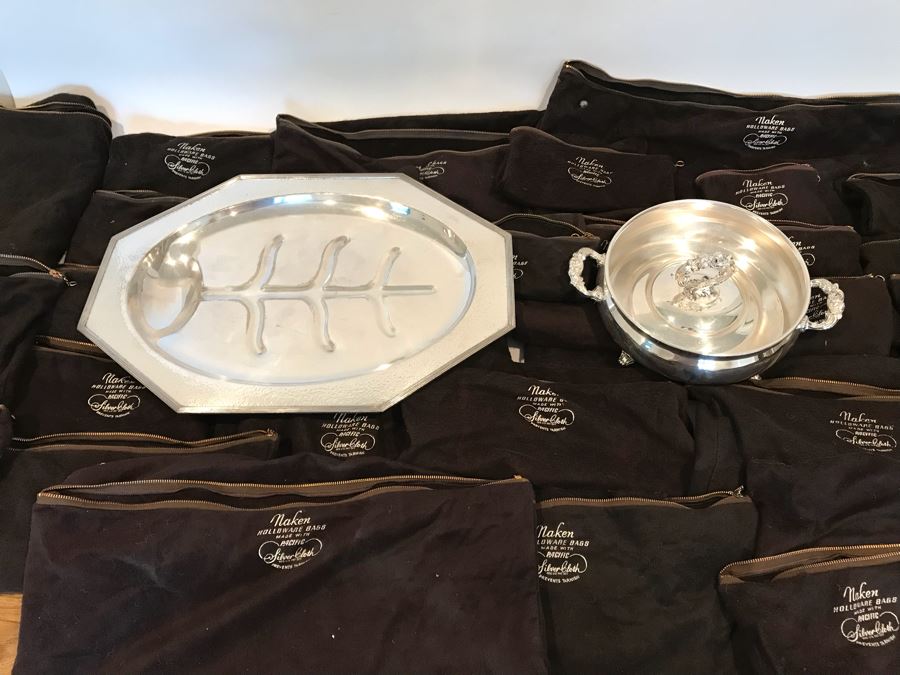 Pair Of Silverplate Serving Items And Lot Of Pacific Silver Cloth Bags [Photo 1]
