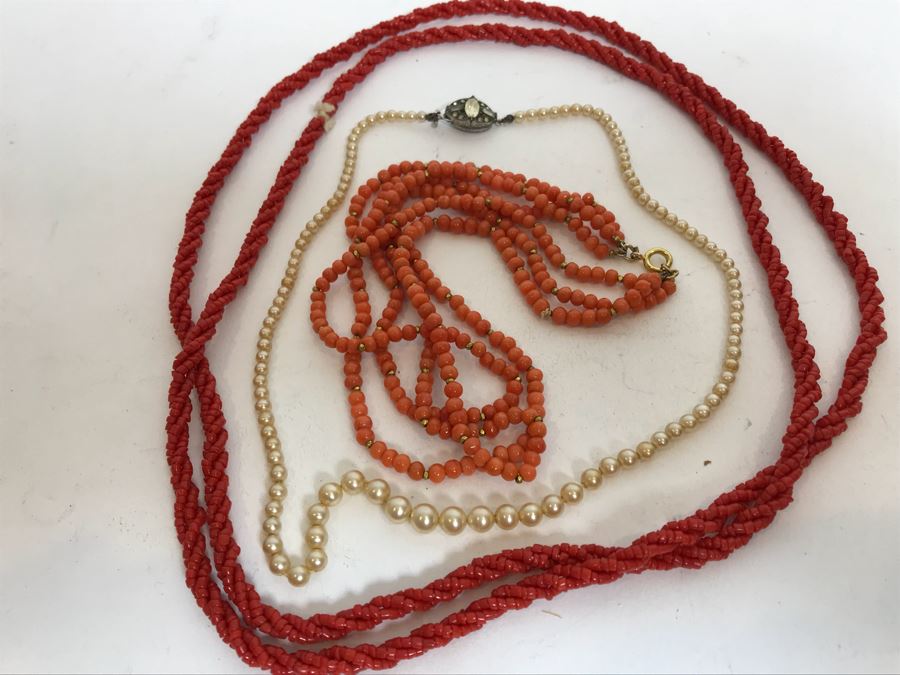 Pair Of Coral Bead Necklaces (Pink And Red) And Vintage Trifari Necklace With Sterling Silver Clasp [Photo 2]