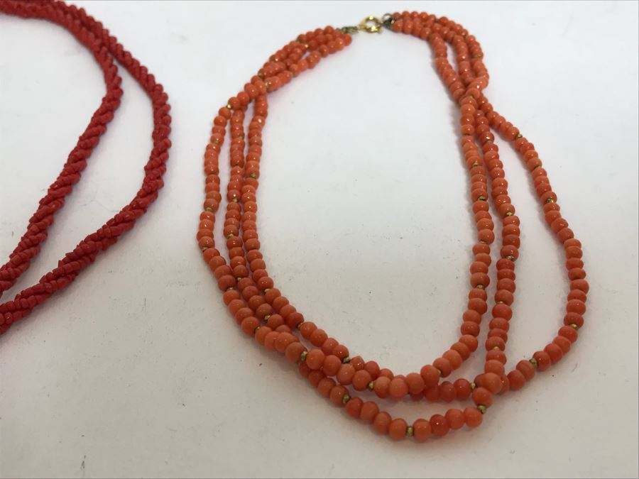 Pair Of Coral Bead Necklaces (Pink And Red) And Vintage Trifari Necklace With Sterling Silver Clasp [Photo 3]