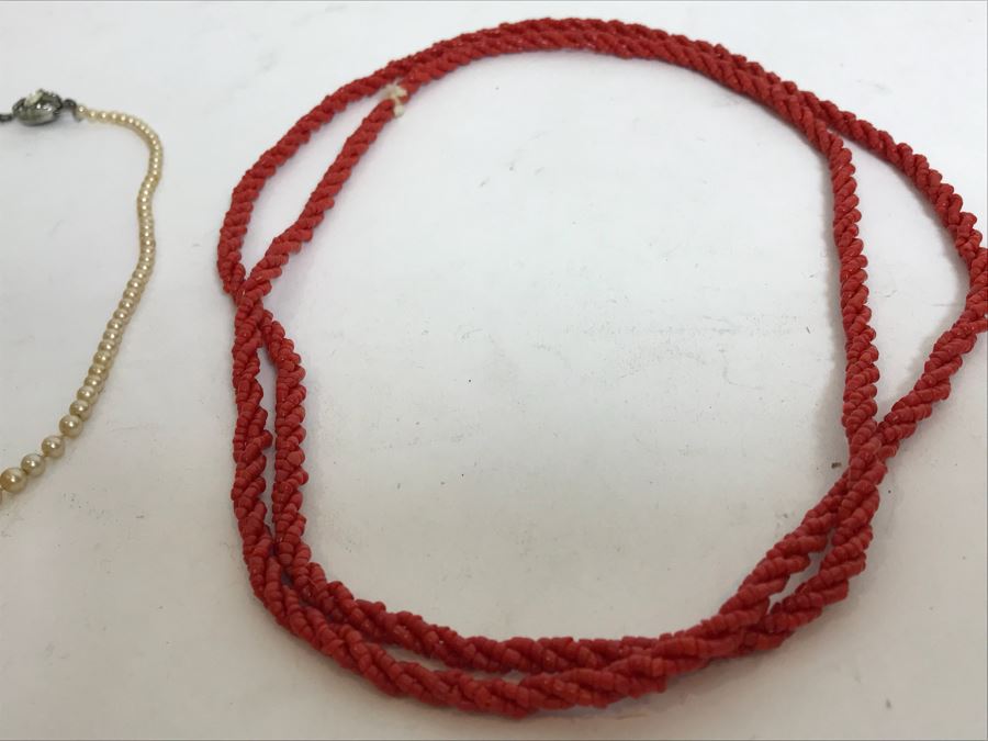 Pair Of Coral Bead Necklaces (Pink And Red) And Vintage Trifari Necklace With Sterling Silver Clasp [Photo 4]