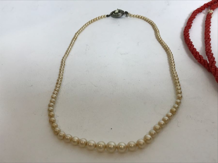 Pair Of Coral Bead Necklaces (Pink And Red) And Vintage Trifari Necklace With Sterling Silver Clasp [Photo 5]