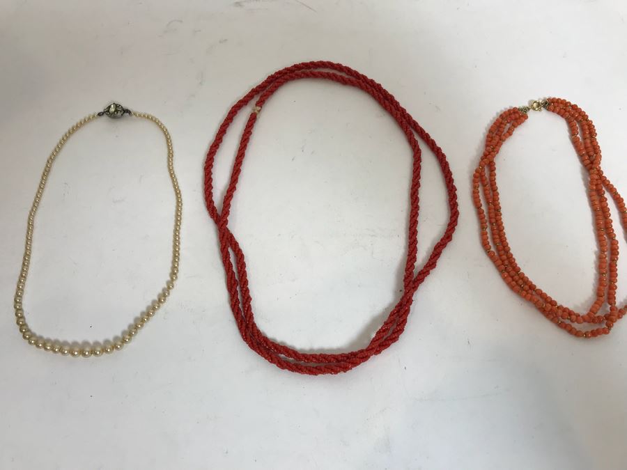 Pair Of Coral Bead Necklaces (Pink And Red) And Vintage Trifari Necklace With Sterling Silver Clasp