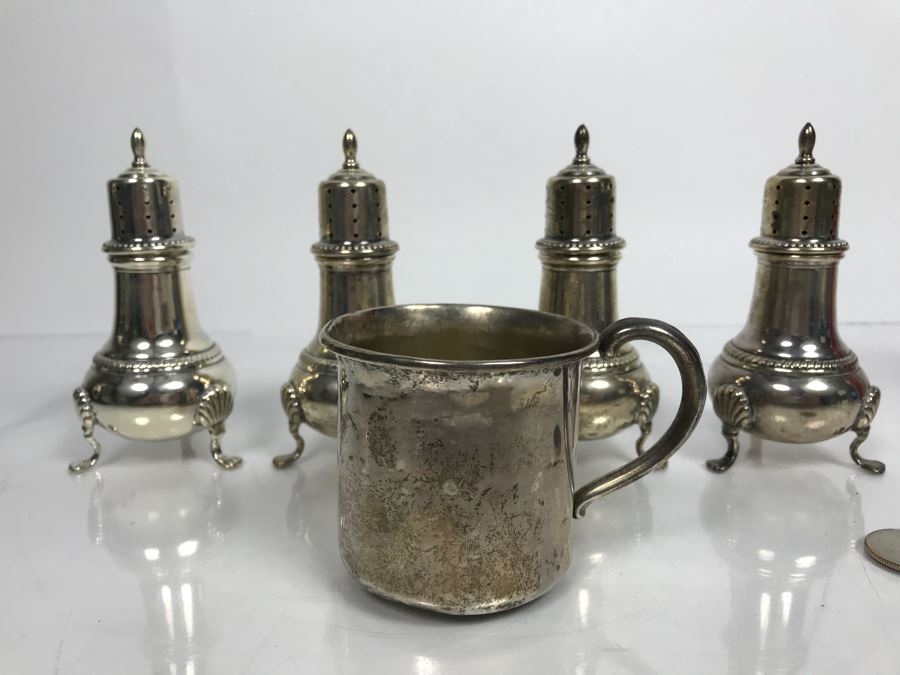 Set Of (4) Sterling Silver Hunt Hallmark Salt Shakers And Newport Sterling Silver Cup 360g [Photo 5]