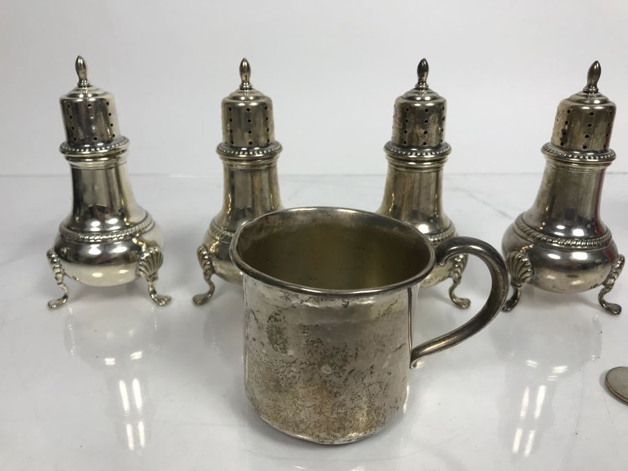 Set Of (4) Sterling Silver Hunt Hallmark Salt Shakers And Newport Sterling Silver Cup 360g [Photo 2]