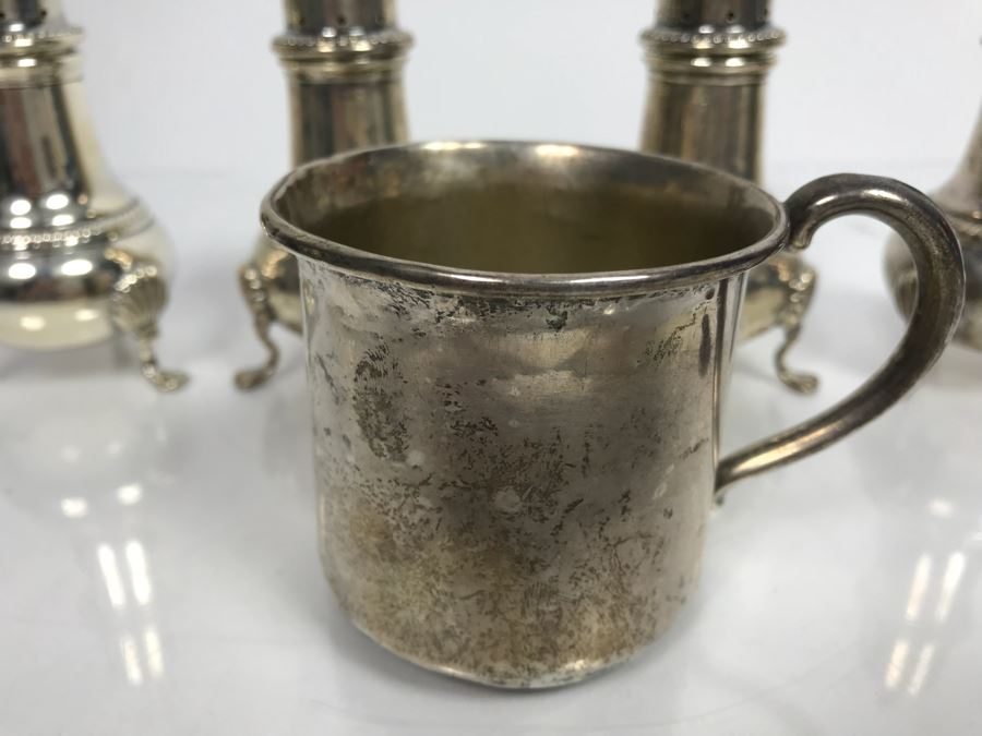 Set Of (4) Sterling Silver Hunt Hallmark Salt Shakers And Newport Sterling Silver Cup 360g [Photo 4]