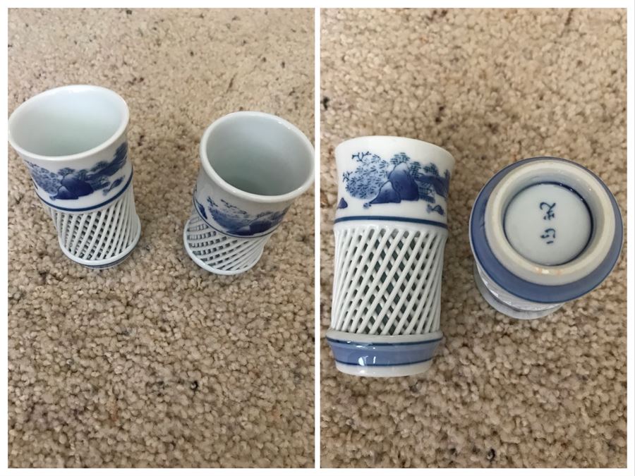 (2) Signed Asian Blue And White Cups