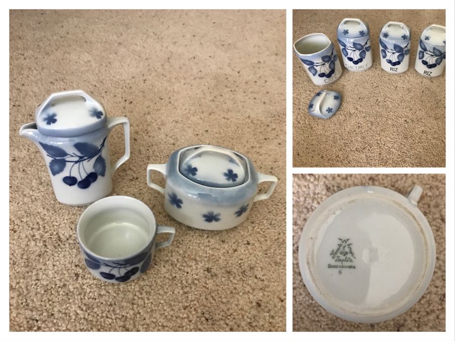 Vintage Frank Berger Teplitz Czechoslovakia China Set With Spice Jars, Creamer And Sugar Plus Coffee Cup