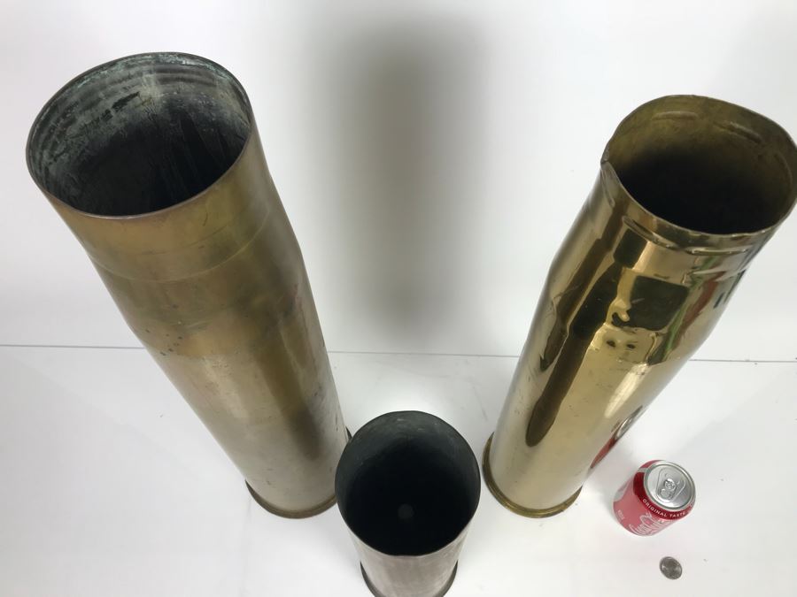 JUST ADDED - Set Of (3) Artillery Ammunition Shells Trench Art - Convert To Planter Or Ashtray [Photo 4]