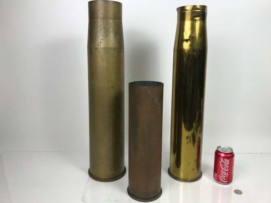 JUST ADDED - Set Of (3) Artillery Ammunition Shells Trench Art - Convert To Planter Or Ashtray [Photo 2]