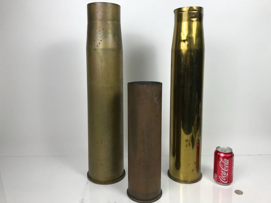 JUST ADDED - Set Of (3) Artillery Ammunition Shells Trench Art - Convert To Planter Or Ashtray