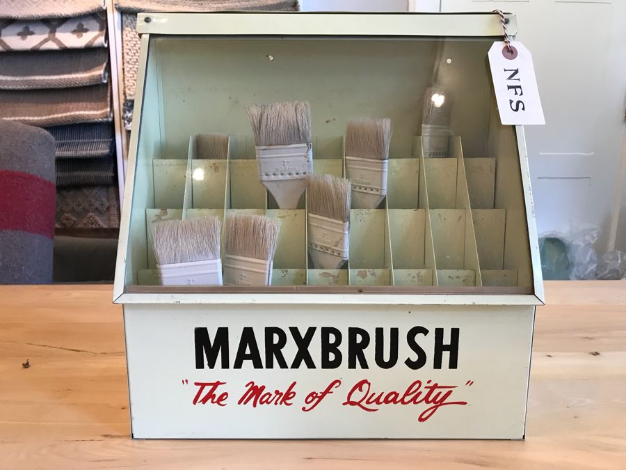 Vintage Metal MARXBRUSH Advertising Brushes Store Display With Slant Glass Front 13'W x 6'D x 14.5'H [Photo 10]