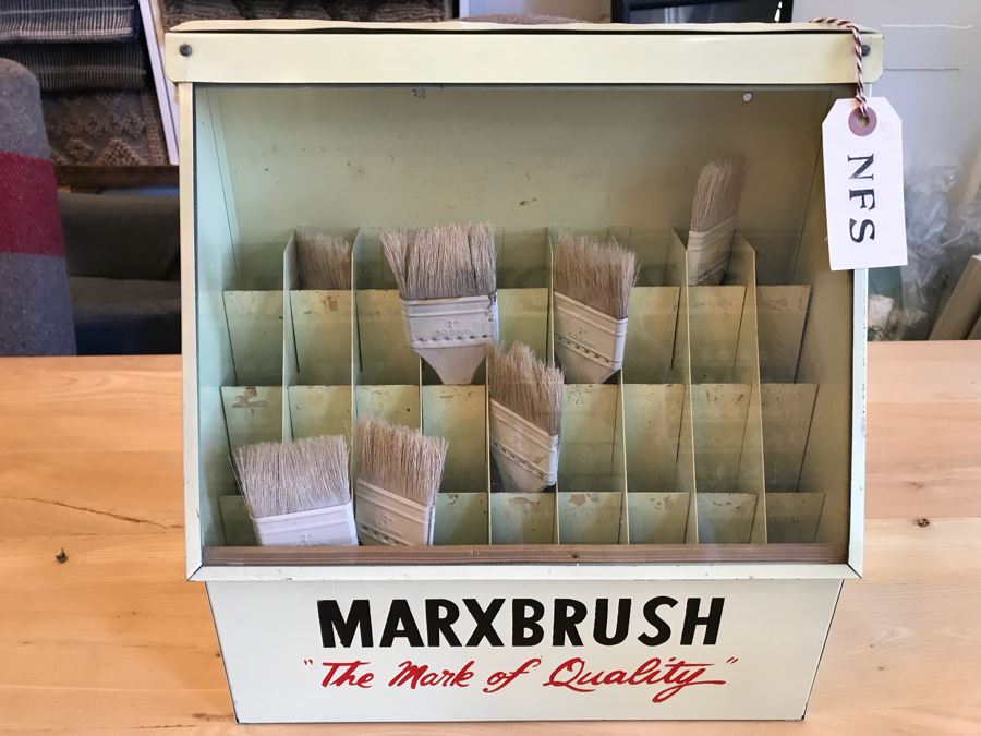 Vintage Metal MARXBRUSH Advertising Brushes Store Display With Slant Glass Front 13'W x 6'D x 14.5'H [Photo 7]