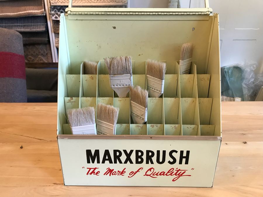 Vintage Metal MARXBRUSH Advertising Brushes Store Display With Slant Glass Front 13'W x 6'D x 14.5'H [Photo 9]