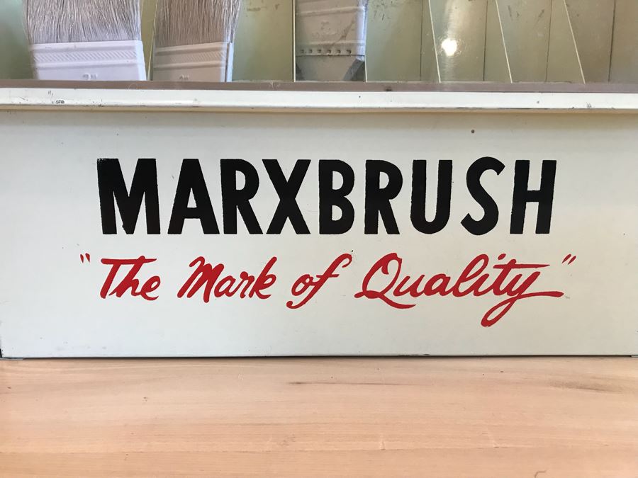 Vintage Metal MARXBRUSH Advertising Brushes Store Display With Slant Glass Front 13'W x 6'D x 14.5'H [Photo 6]