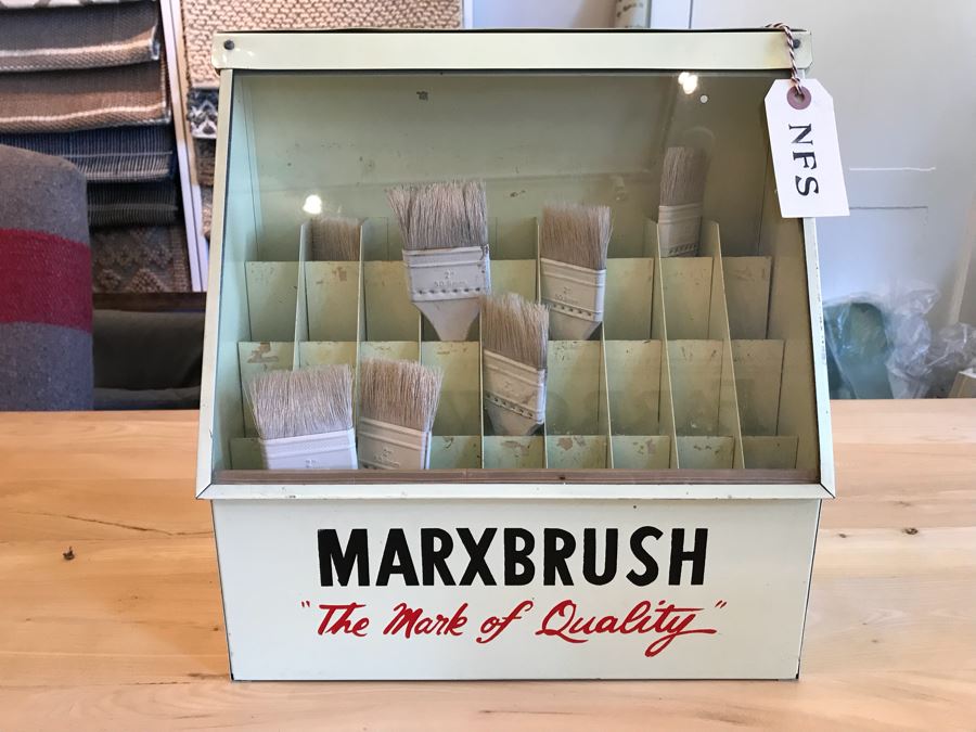 Vintage Metal MARXBRUSH Advertising Brushes Store Display With Slant Glass Front 13'W x 6'D x 14.5'H