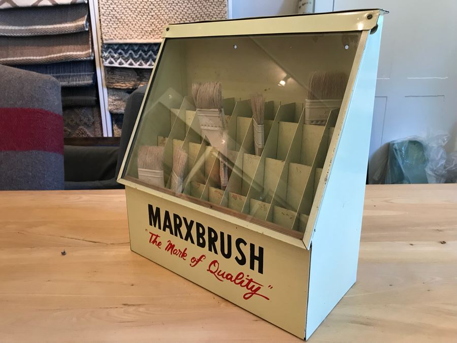 Vintage Metal MARXBRUSH Advertising Brushes Store Display With Slant Glass Front 13'W x 6'D x 14.5'H [Photo 4]