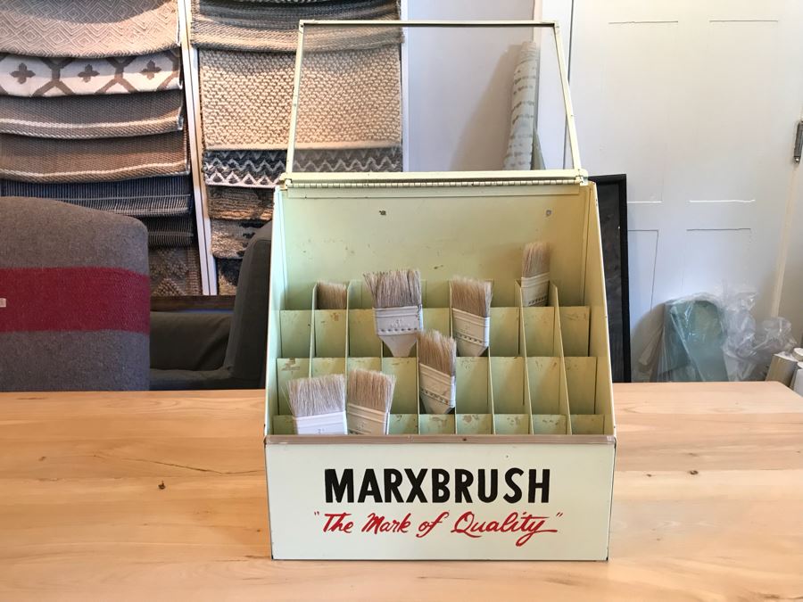 Vintage Metal MARXBRUSH Advertising Brushes Store Display With Slant Glass Front 13'W x 6'D x 14.5'H [Photo 8]