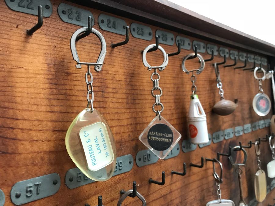 Vintage Wall Mounted Wooden Key Rack With Metal Numbered Name Tags Filled With 90 Vintage Keychains ($450 Retail Value In Keychains Alone) 47'W x 29'H [Photo 6]