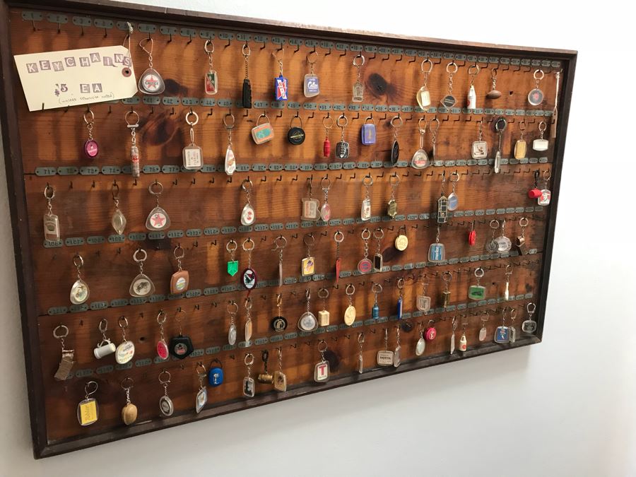 Vintage Wall Mounted Wooden Key Rack With Metal Numbered Name Tags Filled With 90 Vintage Keychains ($450 Retail Value In Keychains Alone) 47'W x 29'H