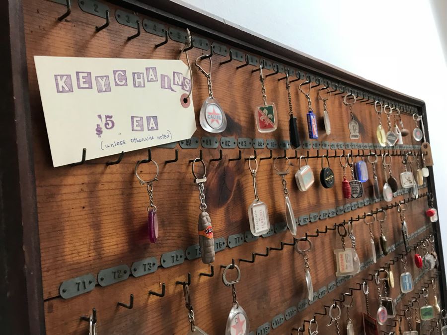 Vintage Wall Mounted Wooden Key Rack With Metal Numbered Name Tags Filled With 90 Vintage Keychains ($450 Retail Value In Keychains Alone) 47'W x 29'H [Photo 23]