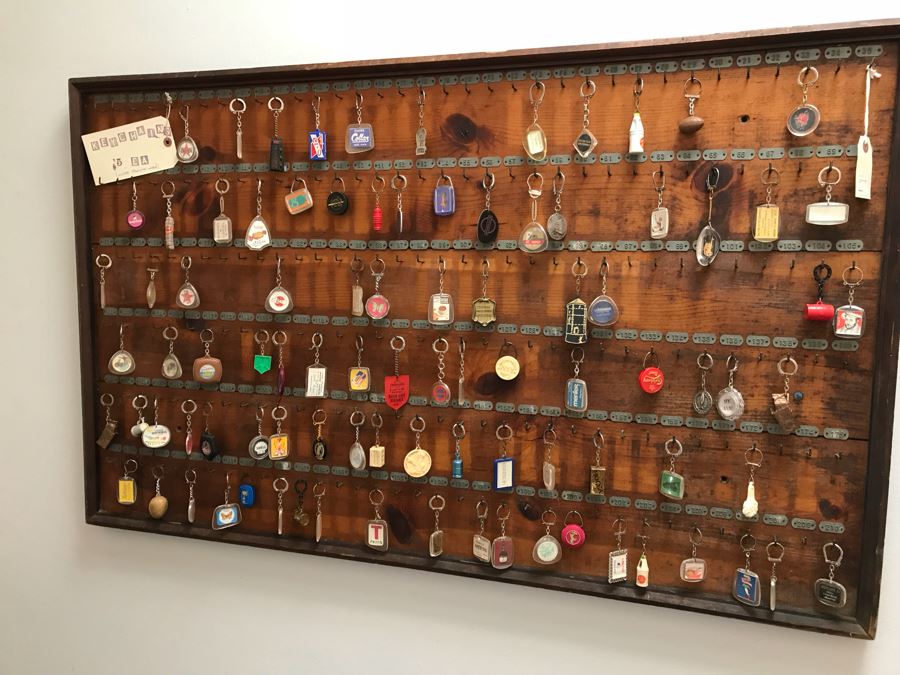Vintage Wall Mounted Wooden Key Rack With Metal Numbered Name Tags Filled With 90 Vintage Keychains ($450 Retail Value In Keychains Alone) 47'W x 29'H [Photo 24]