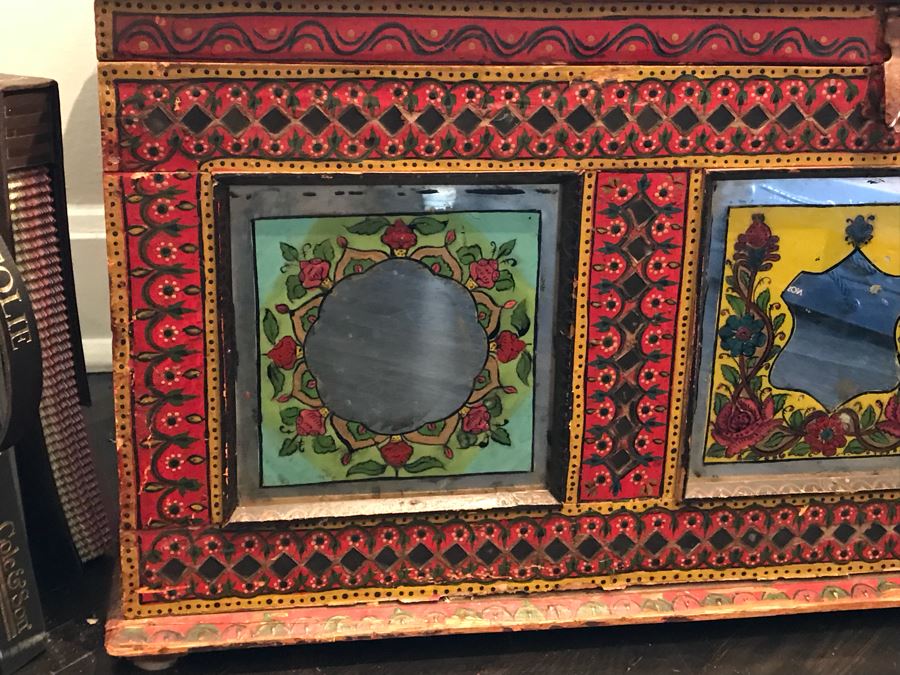 Vintage Hand Painted Wooden Trunk With Glass Painted Front Panels 35'W ...