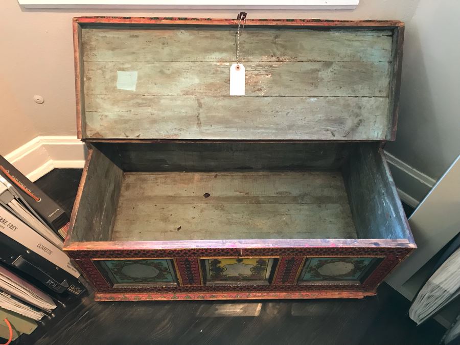 Vintage Hand Painted Wooden Trunk With Glass Painted Front Panels 35'W X 20'D X 16'H [Photo 11]