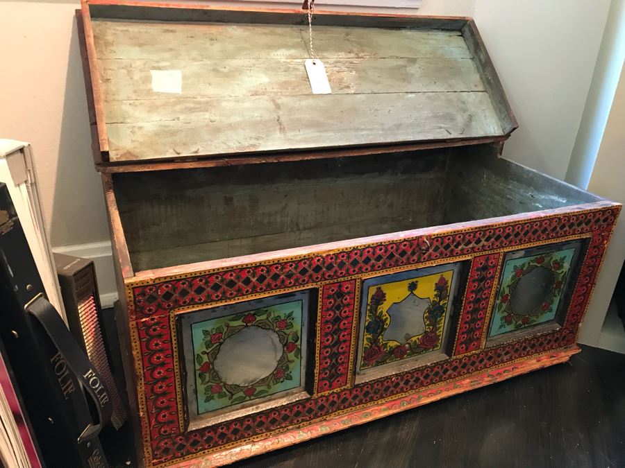 Vintage Hand Painted Wooden Trunk With Glass Painted Front Panels 35'W X 20'D X 16'H [Photo 2]