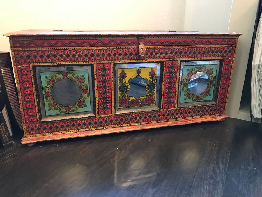 Vintage Hand Painted Wooden Trunk With Glass Painted Front Panels 35'W X 20'D X 16'H [Photo 5]