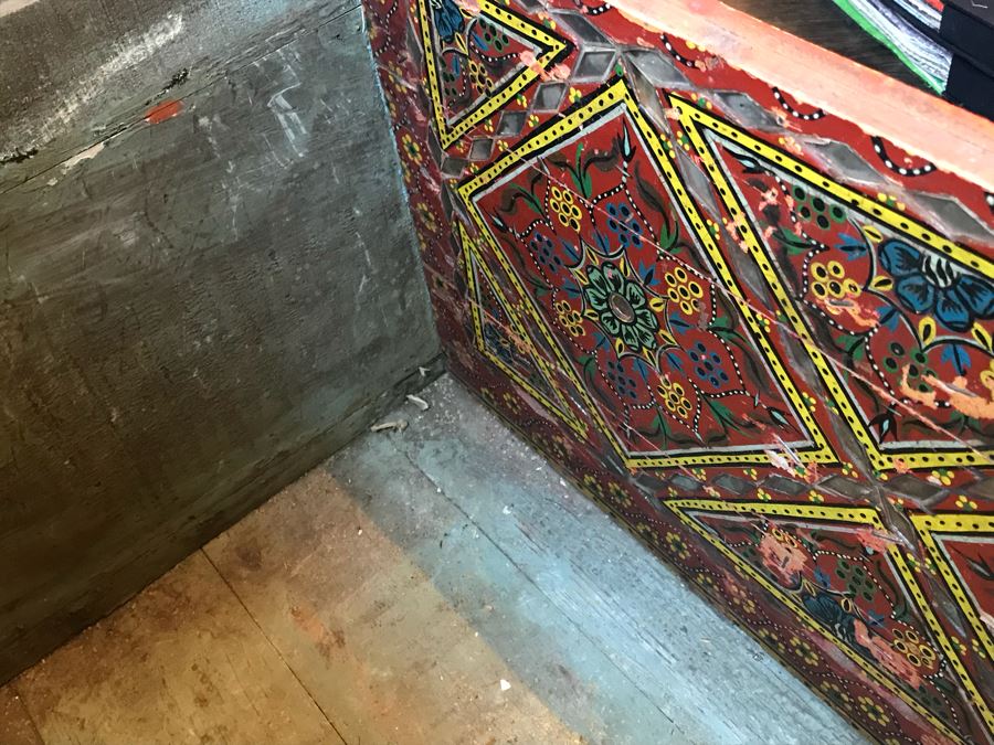 Vintage Hand Painted Wooden Trunk With Glass Painted Front Panels 35'W X 20'D X 16'H [Photo 15]