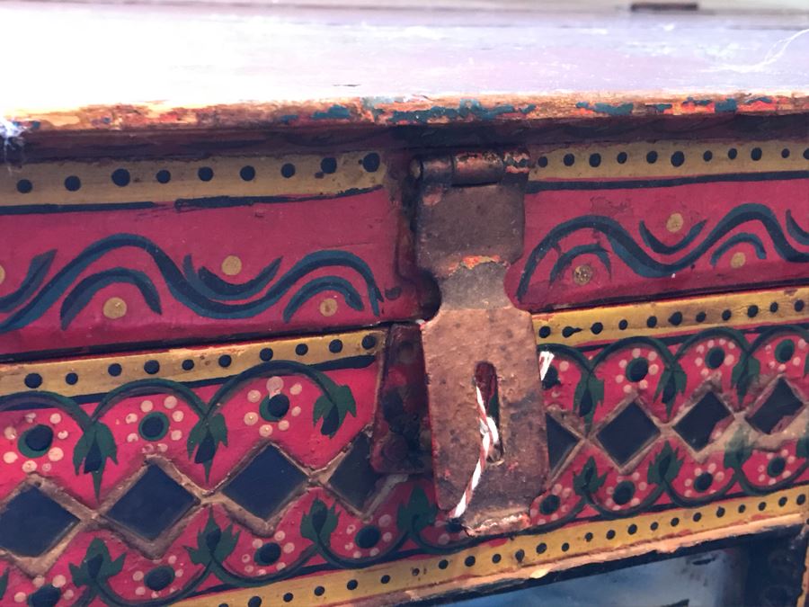 Vintage Hand Painted Wooden Trunk With Glass Painted Front Panels 35'W X 20'D X 16'H [Photo 9]