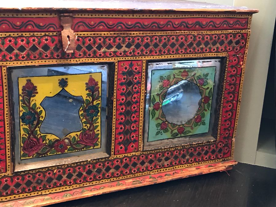 Vintage Hand Painted Wooden Trunk With Glass Painted Front Panels 35'W X 20'D X 16'H [Photo 8]