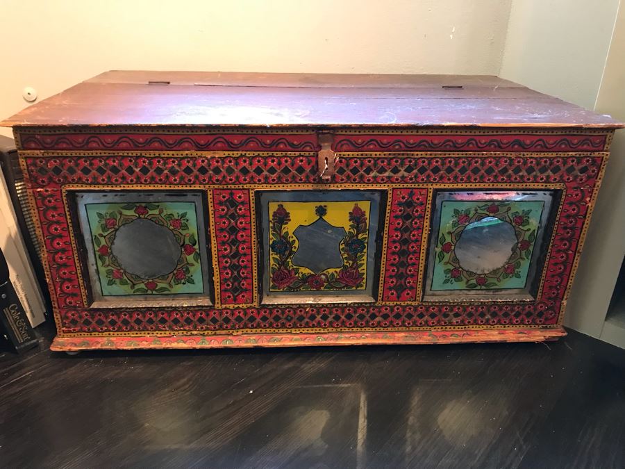 Vintage Hand Painted Wooden Trunk With Glass Painted Front Panels 35'W X 20'D X 16'H