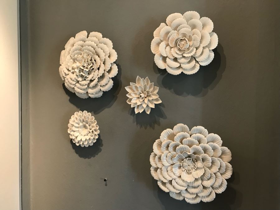 Set Of (5) Wall Mounted Porcelain Flowers - Larger Flower Is 9'W [Photo 1]