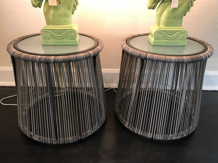 Pair Of Modern Round Side Tables With Glass Tops 18'H x 18'W [Photo 1]