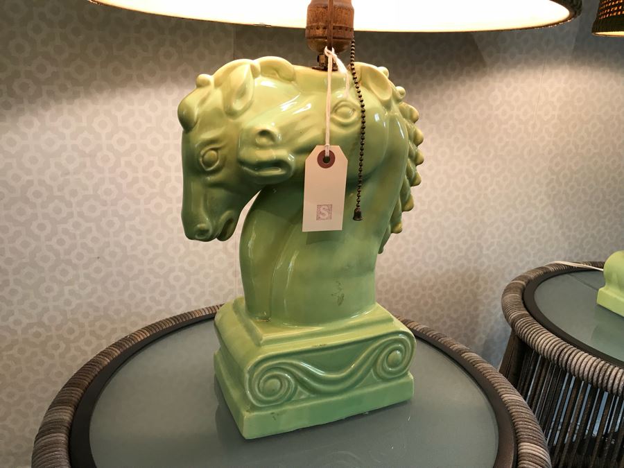Pair Of Vintage Green Horse Head Table Lamps With Modern Shades (Note One Lamp Has Been Repaired As Shown In Photos) [Photo 4]