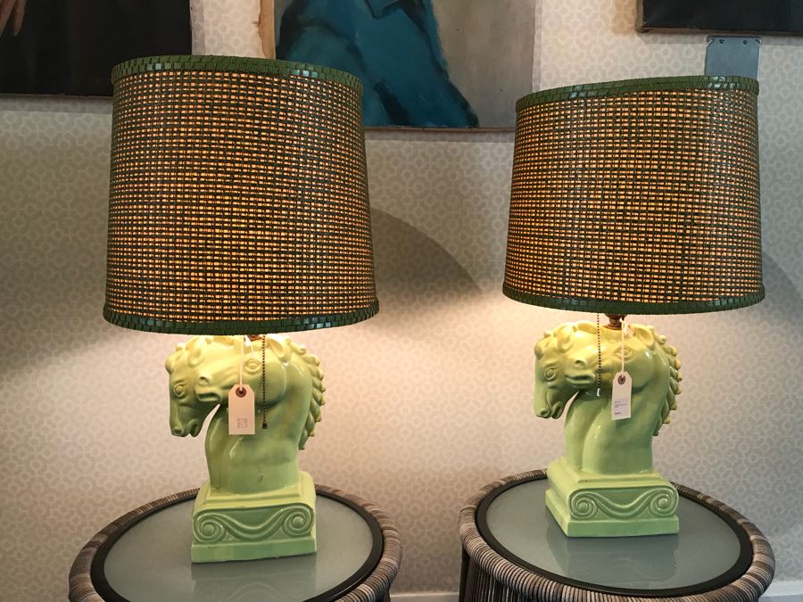 Pair Of Vintage Green Horse Head Table Lamps With Modern Shades (Note One Lamp Has Been Repaired As Shown In Photos) [Photo 2]