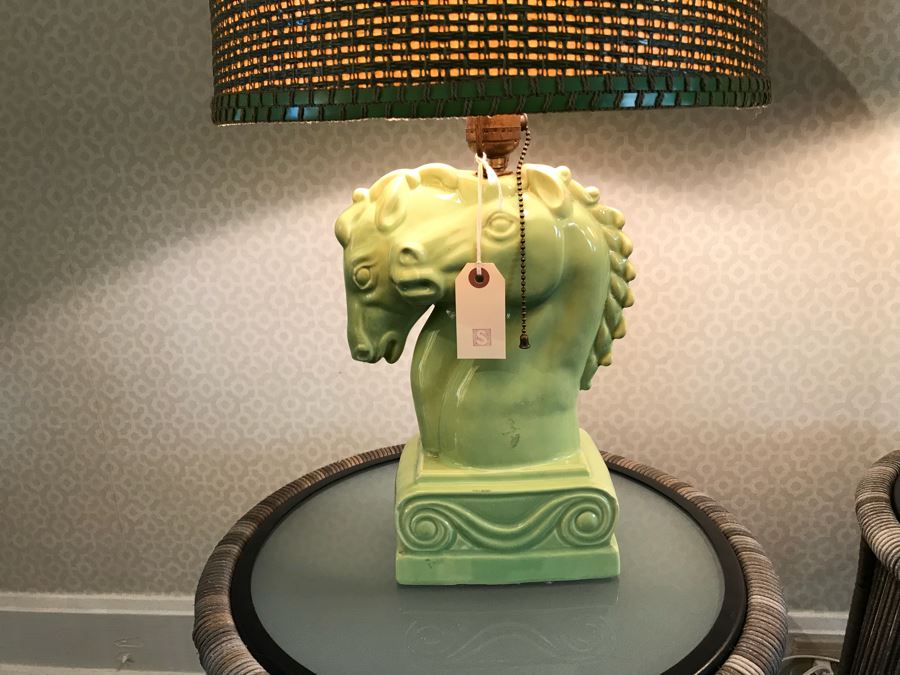 Pair Of Vintage Green Horse Head Table Lamps With Modern Shades (Note One Lamp Has Been Repaired As Shown In Photos) [Photo 5]