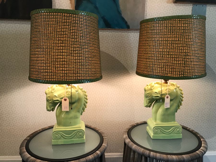 Pair Of Vintage Green Horse Head Table Lamps With Modern Shades (Note One Lamp Has Been Repaired As Shown In Photos)