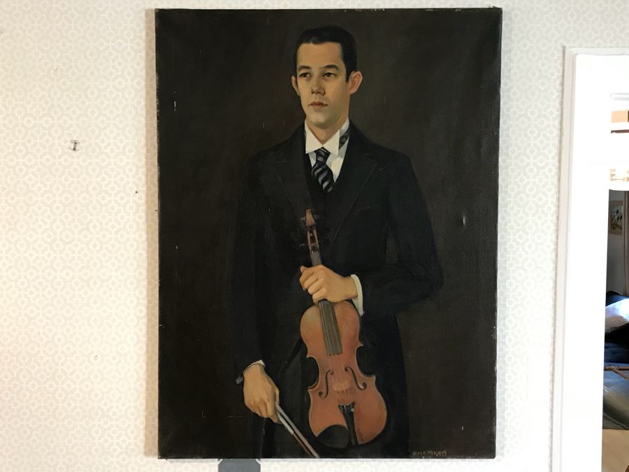 Vintage Original Oil Painting Of Man Holding Violin Signed Lower Right Buck 32' X 42'