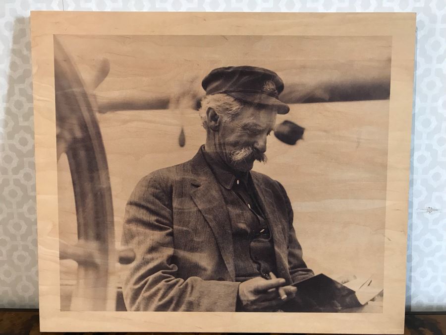 Nautical Photographic Print On Wooden Board Of Old Time Sailor With Cigar Reading 17' X 14.5' [Photo 2]