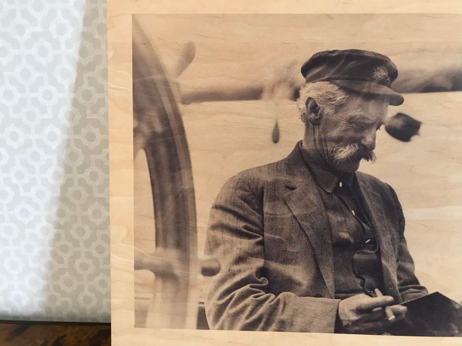 Nautical Photographic Print On Wooden Board Of Old Time Sailor With Cigar Reading 17' X 14.5' [Photo 5]
